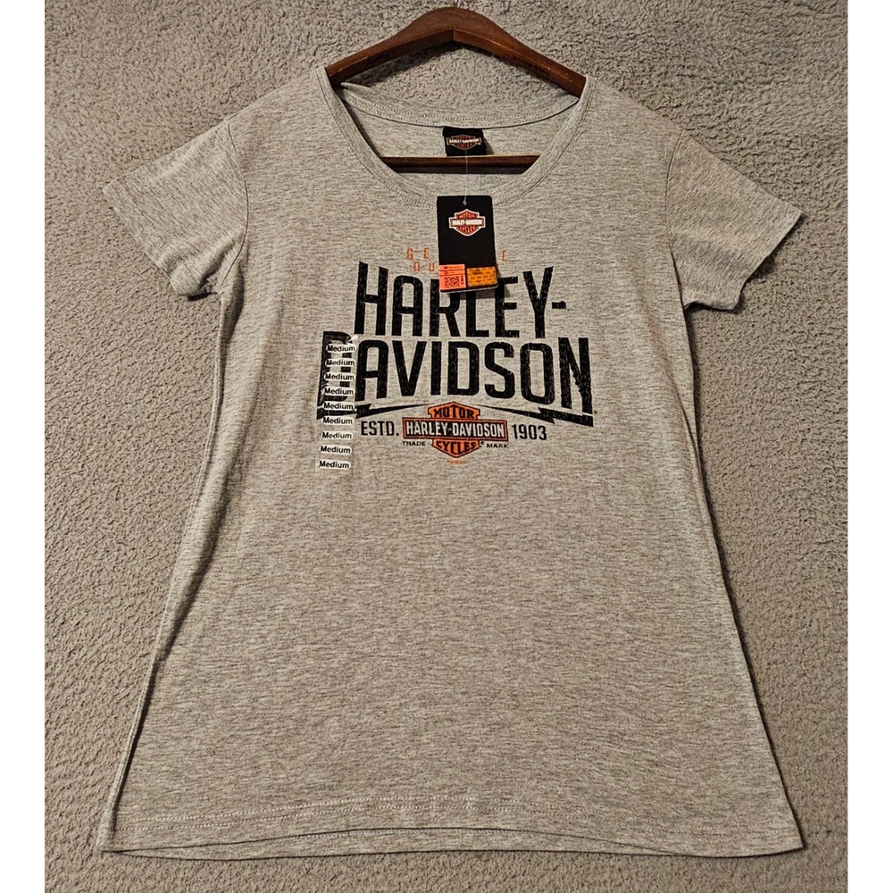 Harley-Davidson Womens Gray Rhinestone Graphic T-Shirt V Neck Medium NWT Orlando